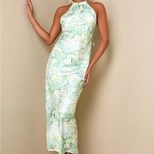 Lulus Glowing Presence Light Green Floral Satin Halter Maxi Dress